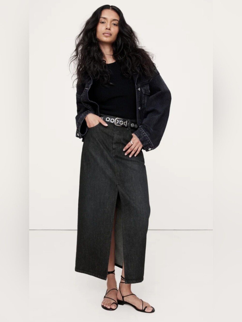 Banana Republic Denim Maxi Skirt with Center Slit In Black Rinse NWT